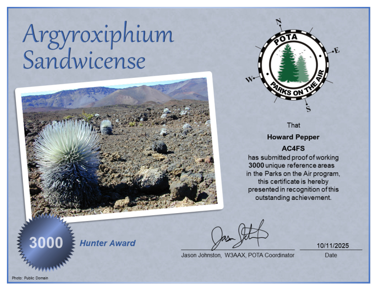 I woke up with 2999 unique parks hunted this morning, and after two trips out to the radios this morning, I found this waiting for me...