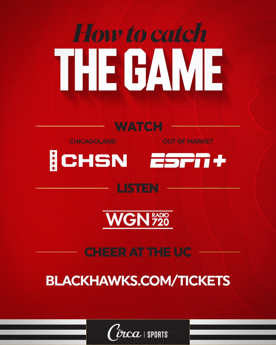 happy home opener‼️

🆚 <a href="/CanadiensMTL/">Canadiens Montréal</a> 
📍United Center
⏰ 6:00 PM CT
📺 <a href="/CHSN__/">Chicago Sports Network</a> in Chicagoland, <a href="/ESPNPlus/">ESPN+</a> out-of-market
📻 <a href="/WGNRadio/">WGN Radio 720</a>