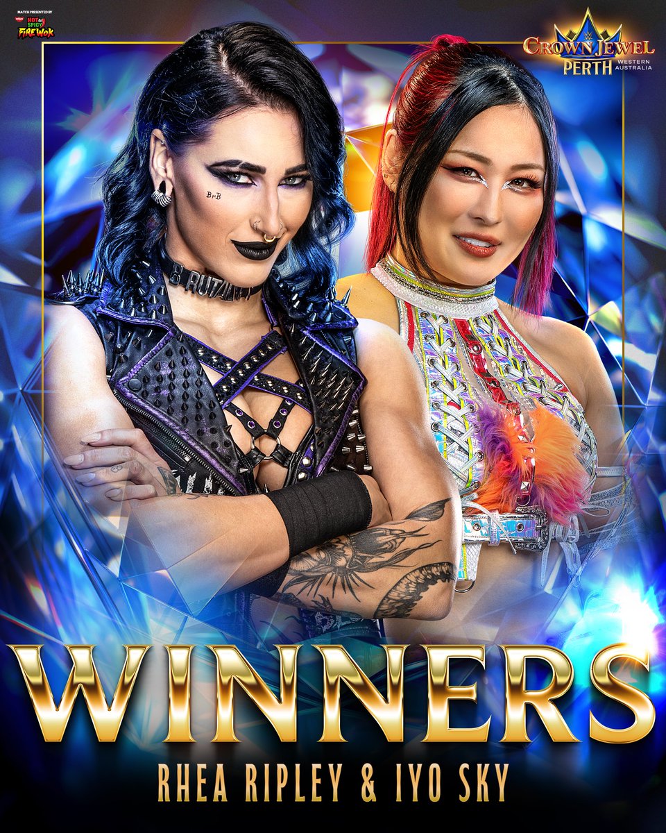 WWE's tweet image. .@RheaRipley_WWE and @Iyo_SkyWWE are victorious! 👏
#WWECrownJewel