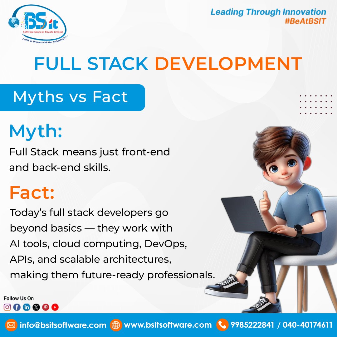bsitsoftware's tweet image. 💡 Full Stack Development: Myth vs Fact 🚀
Myth: Full Stack means just front-end and back-end skills.
Fact: Modern Full Stack Developers go beyond basics — mastering AI tools, Cloud Computing, DevOps, APIs, and scalable architectures to build next-gen digital solutions. 🌐💻
At…