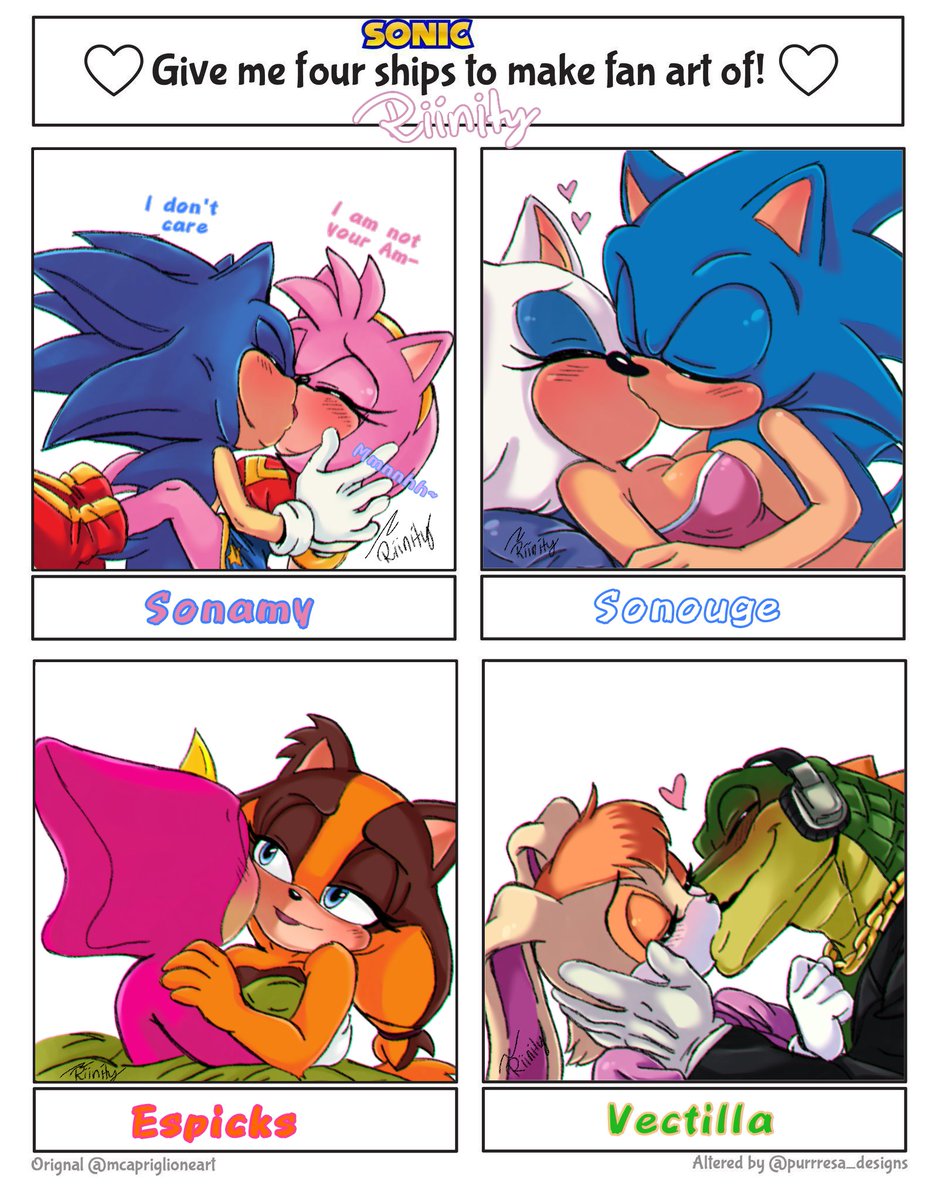 riinity's tweet image. And finally done!  — Thanks for the suggestions! #sonicshipsfanartdrawingchallenge #sonicthehedgehog #rinissketchingforfun #istillneedmorepractice #amyrose #sonamy #RougeTheBat #Sonouge #espiothechameleon #sticksthebadger #Espicks #VectorTheCrocodile #vanillatherabbit #Vectilla