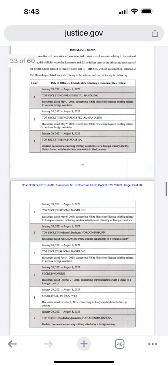 anthon7yandrews's tweet image. Here is a list of documents stolen by Trump from the indictment. Take time to read it and ask why exactly any former president would need these after leaving office. Jack Smith knows. It’s time for the truth to be revealed. Please share.