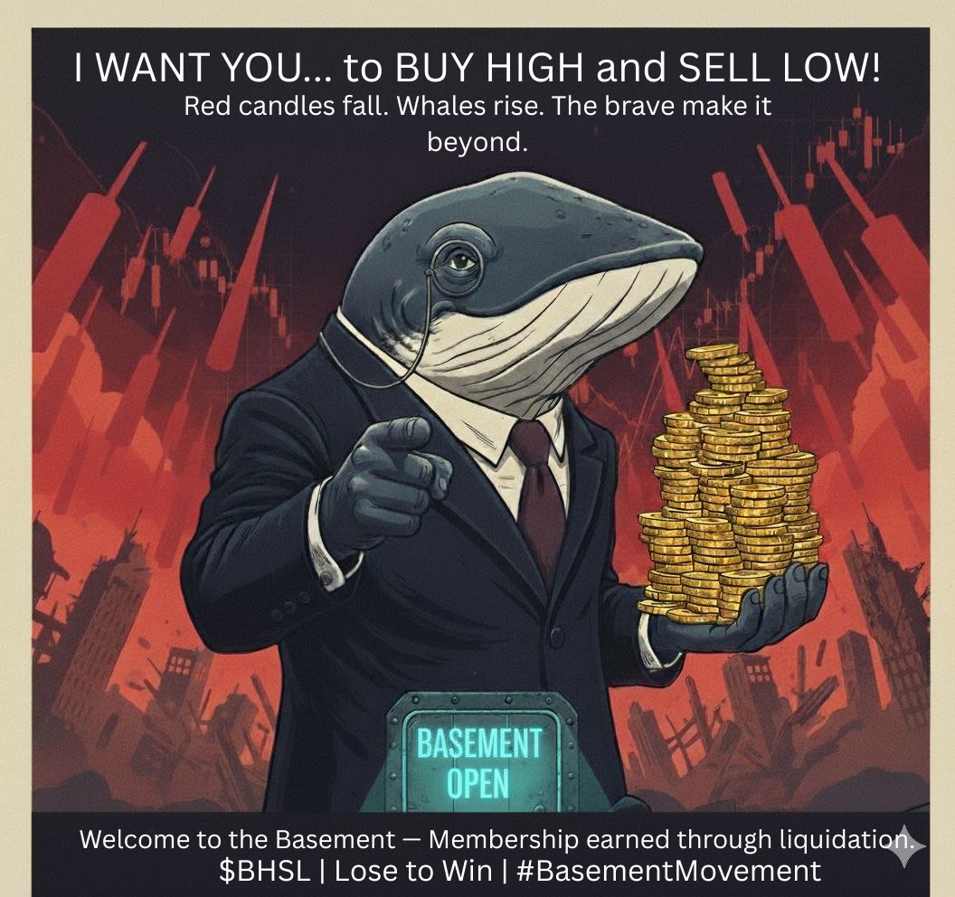 BHSLofficial's tweet photo. Everyone wants to ride whales.
Nobody wants to meet them after they dump.
Red candles fall. The brave make it beyond.
Welcome to the only floor that never gives way — the Basement. 🧵👇
$BHSL | #BuyHighSellLow | #LoseToWin https://t.co/7mlDXGKhN1
