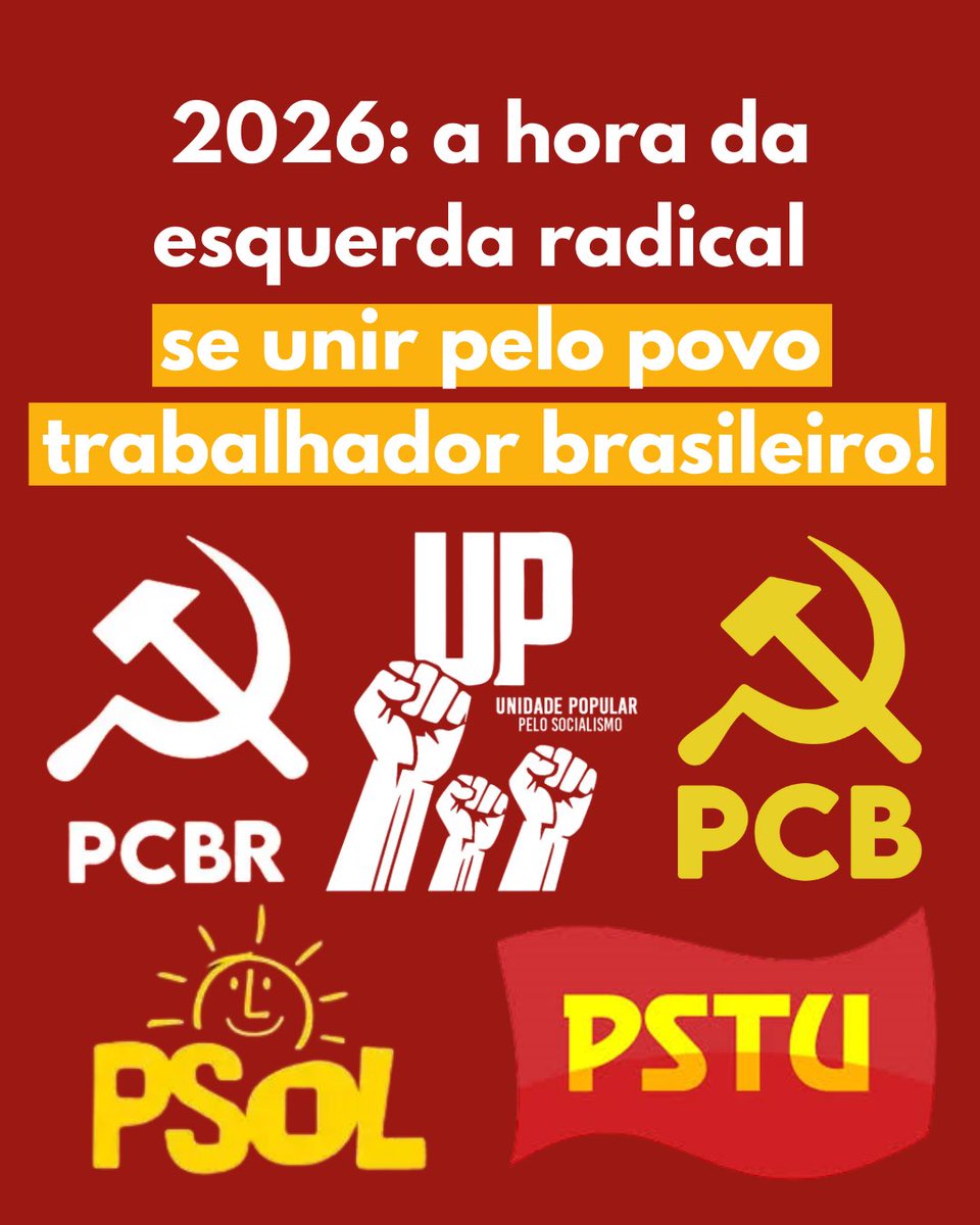 rede_comunista's tweet image. 📢 2026: é hora da esquerda radical se unir pelo povo trabalhador brasileiro!

O PCBR (@pcbrnacional), o PSOL (@psol50), o PSTU (@pstu), a UP (@UP80BR) e o PCB (@PCBpartidao) compartilham a mesma luta pelas(os) trabalhadoras(es), pela juventude e pelos povos oprimidos. 

⬇️