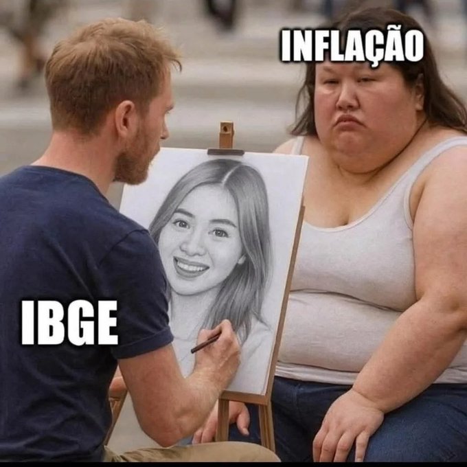 Male artist with beard and blue shirt draws smiling young Asian woman portrait on canvas using pencil. Overweight Asian woman with long hair frowns beside him wearing white tank top and jeans. Top overlay text INFLAÇÃO in bold caps. Bottom overlay text IR BGE in bold caps.