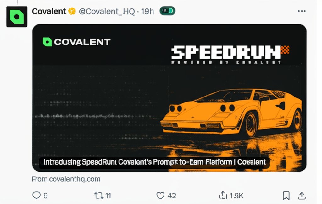 thedevil0287's tweet image. (@Covalent_HQ) has launched SpeedRun, described as their new Prompt-to-Earn Platform. The announcement features striking graphics, paired with the &quot;SPEEDRUN POWERED BY COVALENT&quot; logo.

Learn more about Covalent&apos;s SpeedRun platform via their website: covalenthq.com.
