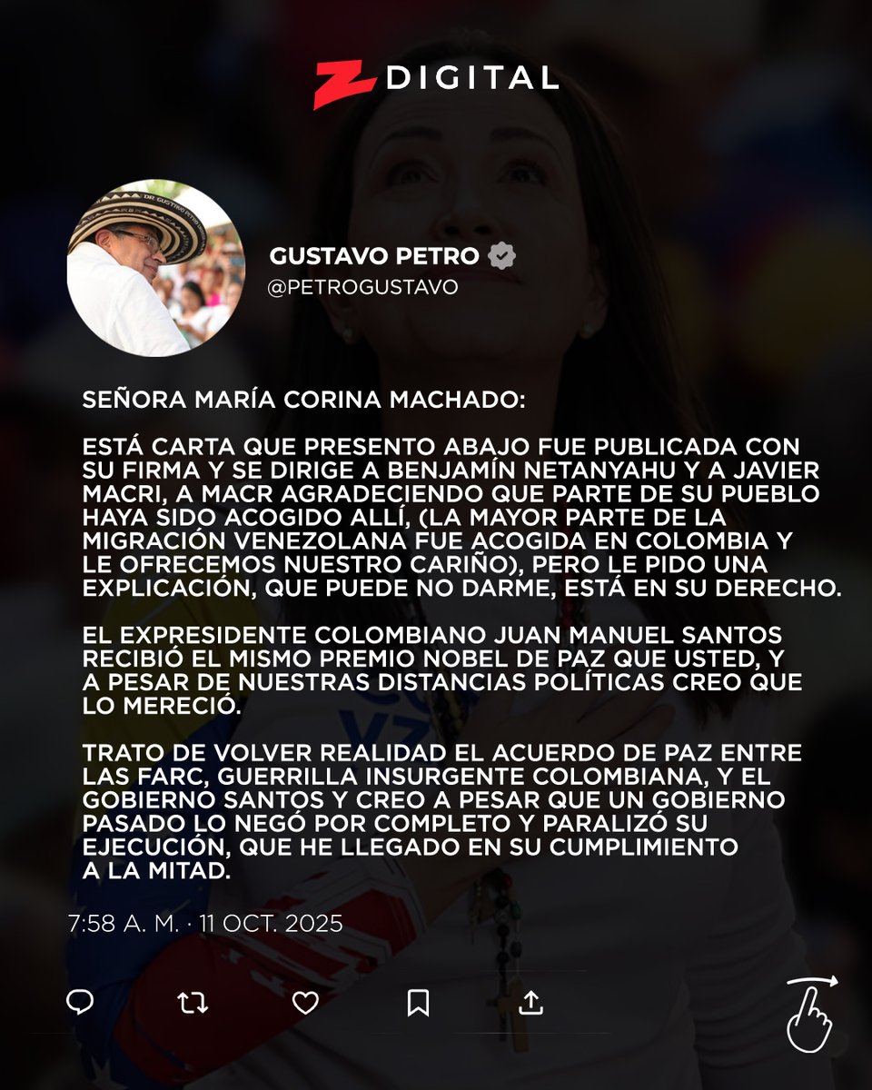 z101digital's tweet image. 👨🏻‍💻 Gustavo Petro en Twitter:

“…¿Qué significa que busque usted apoyó al único presidente latinoamericano que apoyó el genocidio y al genocida?...”

#Z101 #ZDigital #Twitter #Tweet #Venezuela #Internacionales #MaríaCorinaMachado