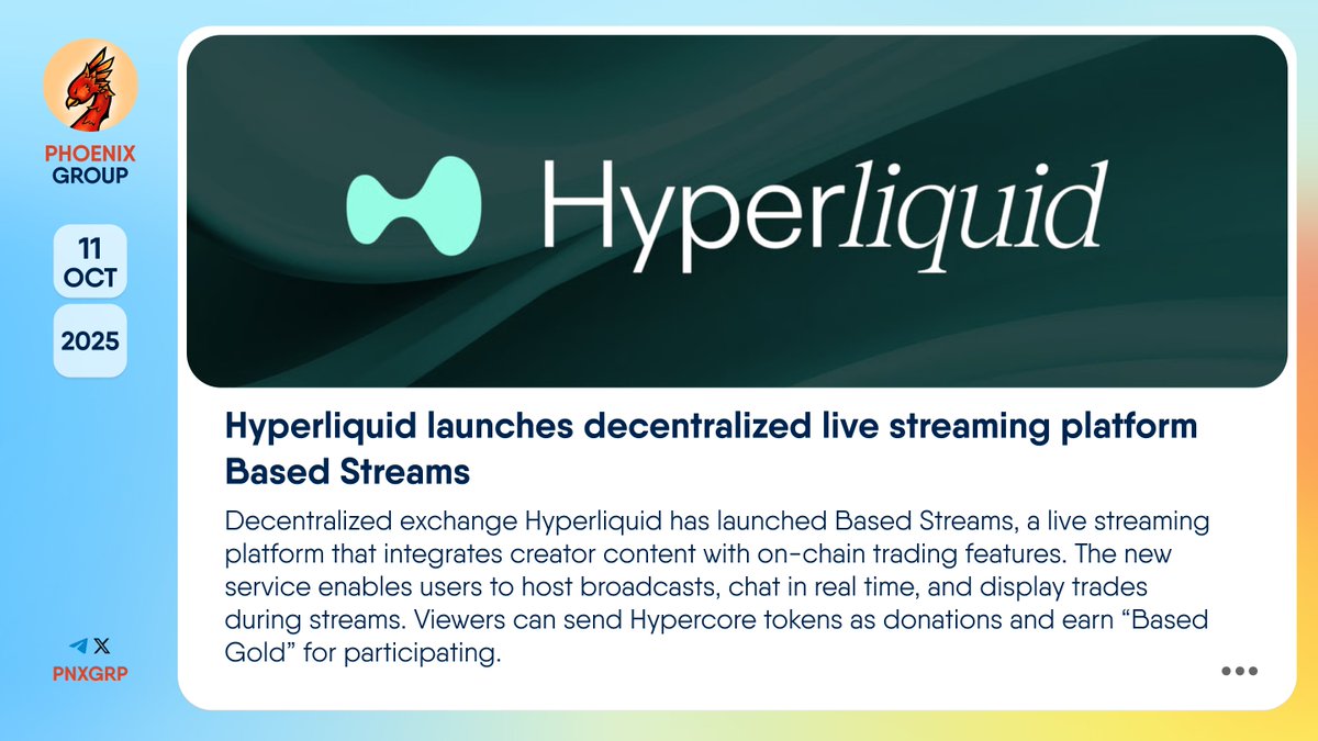 🔥 @HyperliquidX launches decentralized live streaming platform Based  Streams Decentralized exchange #Hyperliquid has launched #BasedStreams, a live  streaming platform that integrates creator content with on-chain trading  features. The new service ...