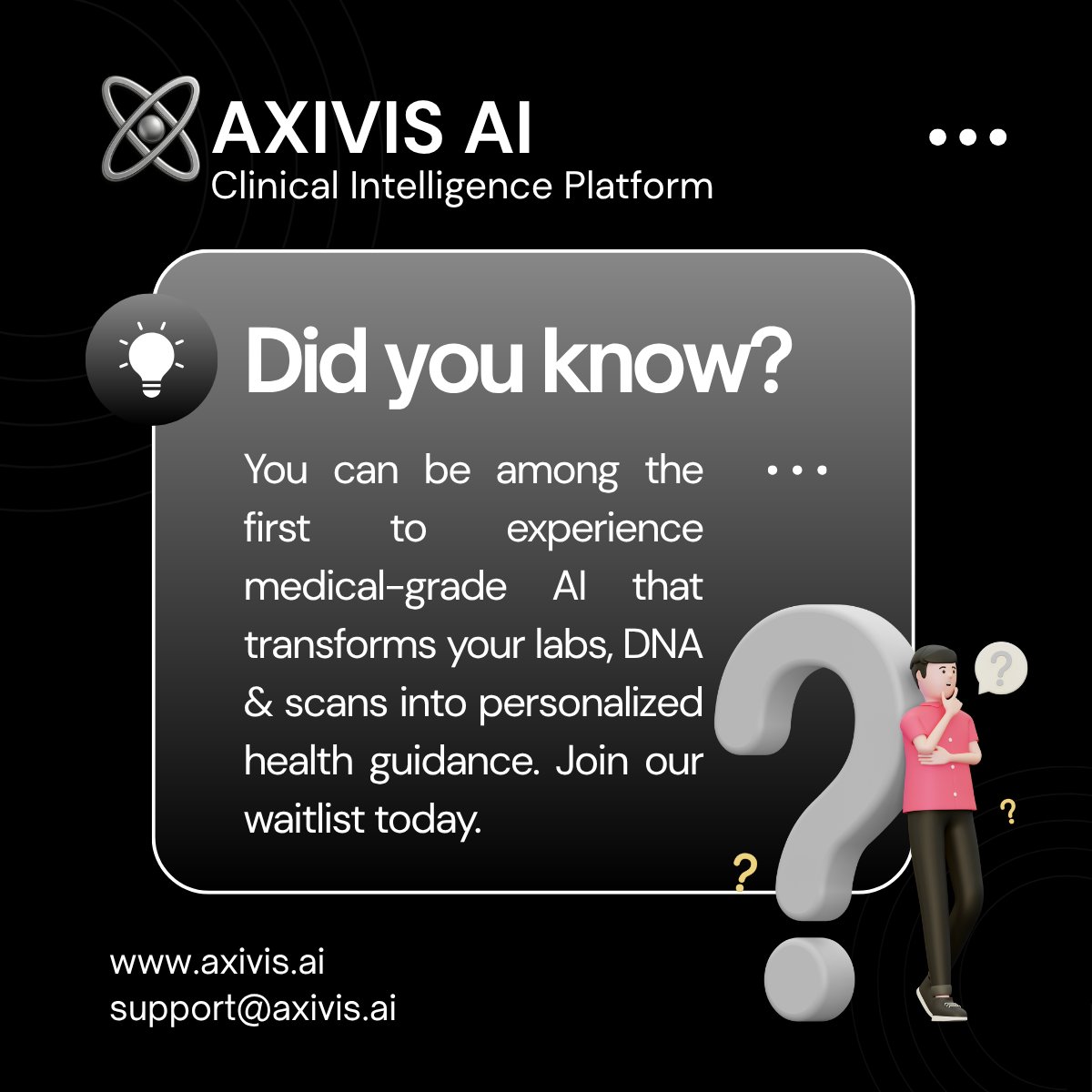 axivisAI's tweet image. Experience Predictive Medicine — Powered by AXIVIS AI. ⚡

AI that reads your labs, scans &amp;amp; DNA to spot risks before symptoms start.
Medical-grade. HIPAA-certified. Built for the future of precision health.

#AXIVISAI #PredictiveHealth #AIinMedicine #DigitalDiagnostics