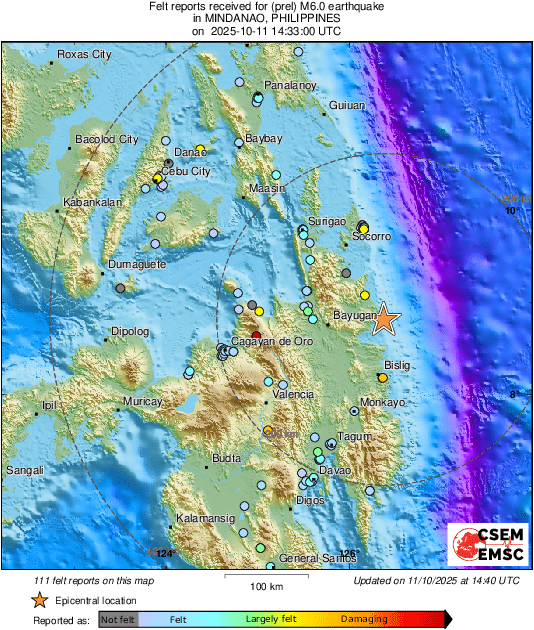 LastQuake's tweet photo. #Earthquake 28 km SE of #Tago (#Philippines) 7 min ago (local time 22:32:59). Updated map - Colored dots represent local shaking & damage level reported by eyewitnesses. Share your experience:
📱https://t.co/QMSpuj6Z2H
🌐https://t.co/MaGT8VahbR https://t.co/BWDC4R8BLZ