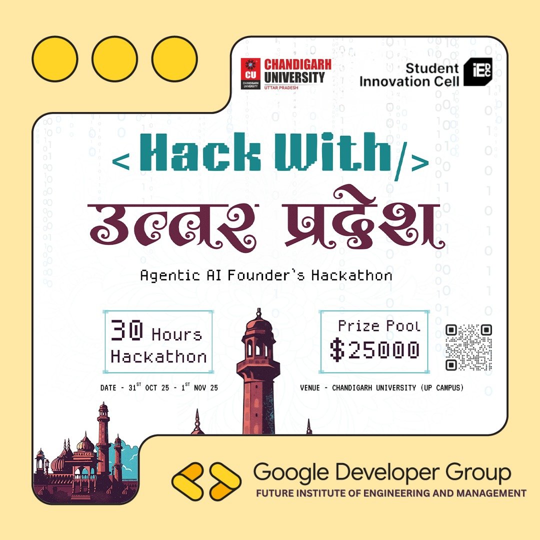 सुनो सुनो सुनो 📢

Was that us being dramatic? Obviously. But Hack With Uttar Pradesh is hereeeeeee and there's no way GDG On Campus FIEM could stay all calm and normie about it when the seats could be filling right up! 

🔗 Register at: devnovate.co/event/hackwith…