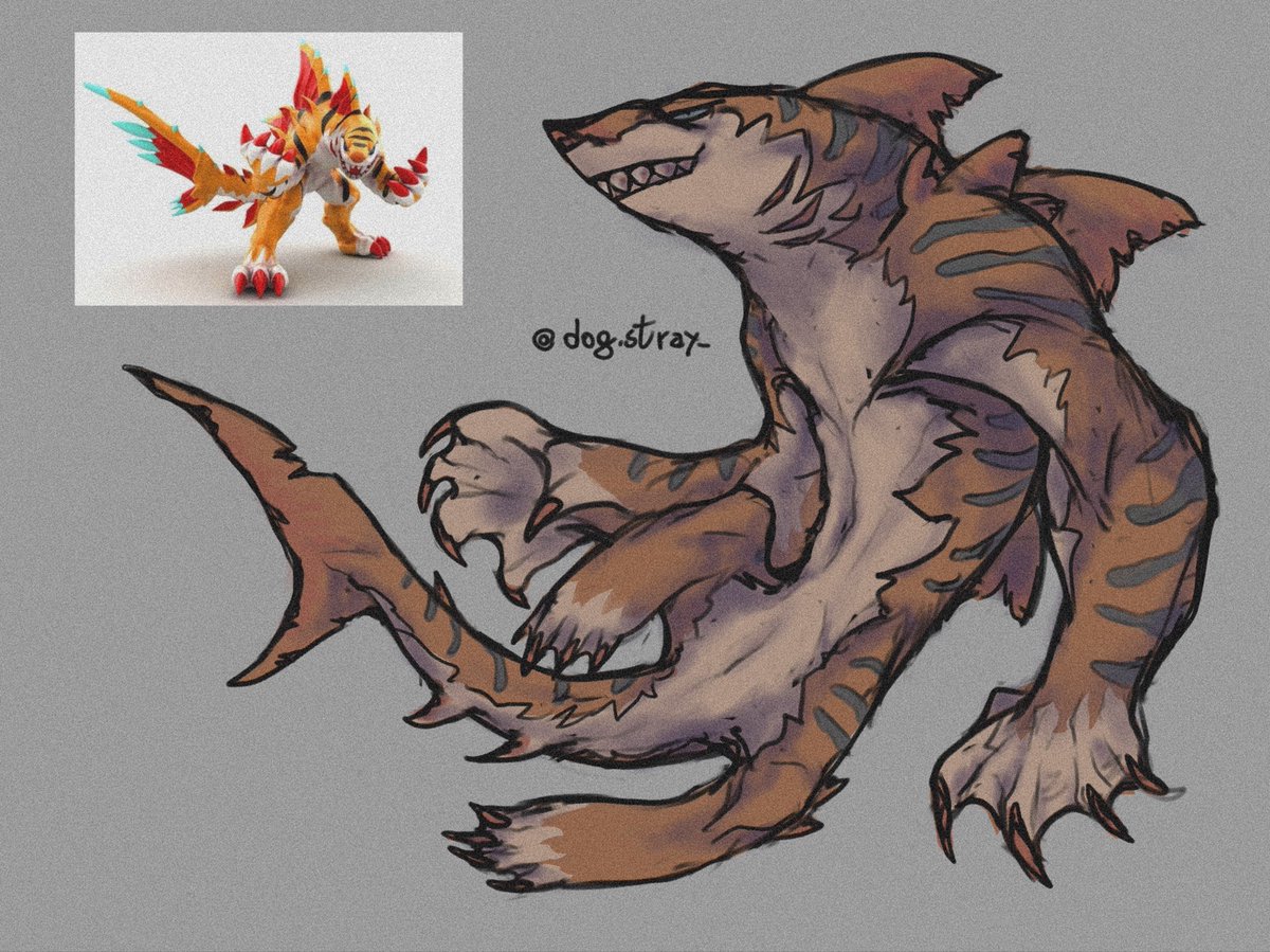 dog_stray_'s tweet photo. Tigershrk from invizimals redesign! He is more shark shaped now.

#furry #art #shark #tiger https://t.co/EC6XgsA4Aj