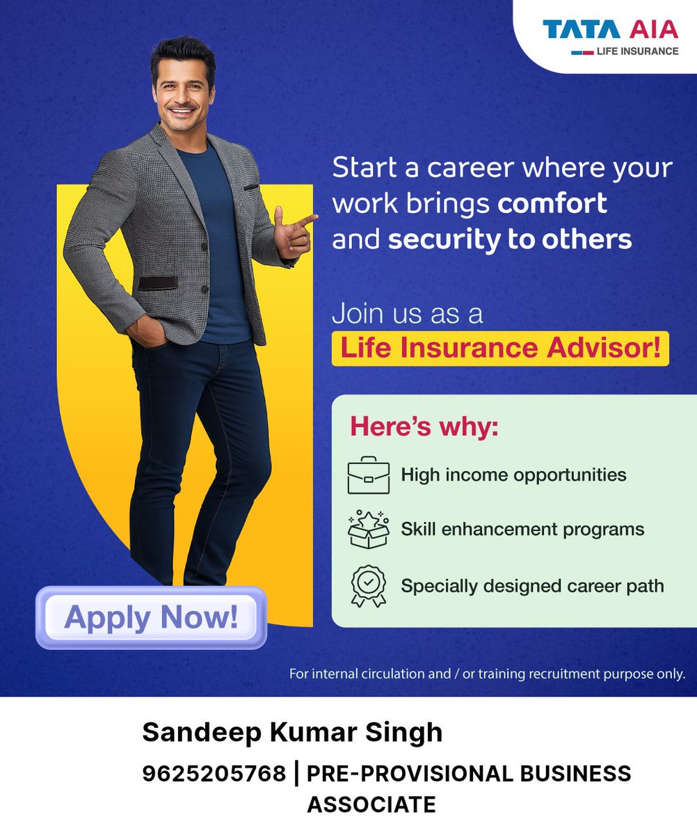 sandeepksingh_'s tweet image. Start a career where your work brings comfort and security to others.

For more detailed information, click on my own TATA AIA web page-
 sandeepkumarsingh7.tataaiapartner.com/?tid=d2kqf

Sandeep Kumar Singh
9625205768