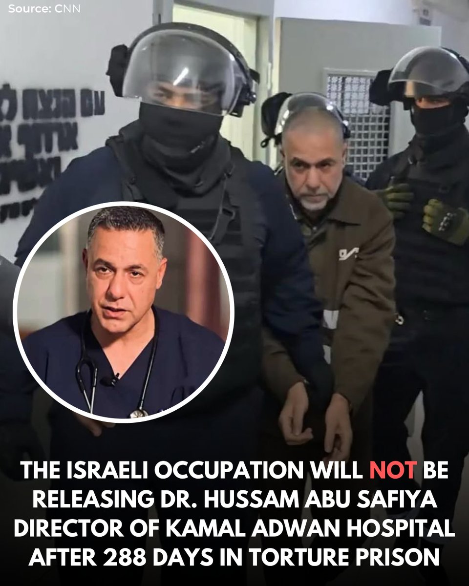 WearThePeaceCo's tweet image. Dr. Hussam Abu Safiya, the Director of Kamal Adwan Hospital, has been in the occupation’s torture prisons for almost one year now and according to CNN, he will not be released during the hostage trade.

Source: CNN
