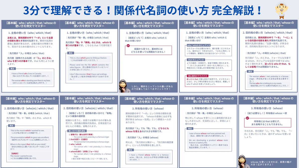 完全保存版】 コレだけでまるわかり！『関係代名詞 』の使い方を世界一わかりやすくまとめました。もう難しい参考書は一切必要ないので、コレだけブクマして覚えよう！留学なし独学で英検1級・TOEIC970点とった僕の、大人気の神教材は固定ポストです。