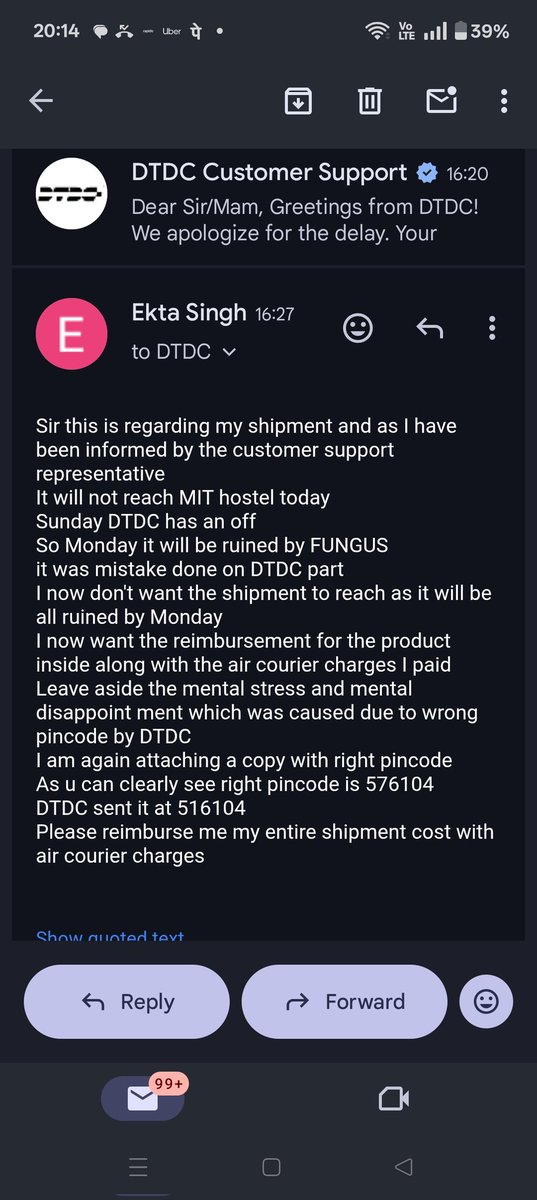 ektasin01400231's tweet photo. https://t.co/69opgzl4sE
Sir am attaching a screenshot of email sent along with the courier copy at sender's end 
Why is customer time efforts emotions stress and money involved of no.importance to @DTDCIndia https://t.co/sMzkfdDMVU
