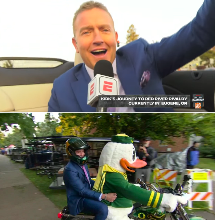 bhofheimer_espn's tweet photo. This is the second straight year, @KirkHerbstreit is leaving @CollegeGameDay in Eugene a bit early to make it to Dallas to call the Red River Rivalry game.
In all, Kirk is traveling 5,400+ miles this football weekend:
E. Rutherford, NJ (#TNF) โ๏ธ Eugene (CGD) โ๏ธ Dallas (#OUvsTEX) https://t.co/3Nh1ThteDh