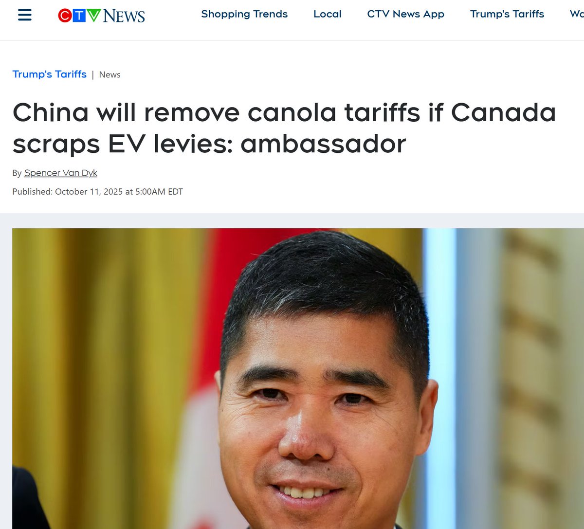 cbcwatcher's tweet image. “If Canada removes the unilateral unjustified tariffs on Chinese products, China will also reciprocate accordingly,” Wang Di said through a translator in an exclusive interview with CTV Question Period airing Sunday. “And if the EV tariffs are removed, then China will also remove…