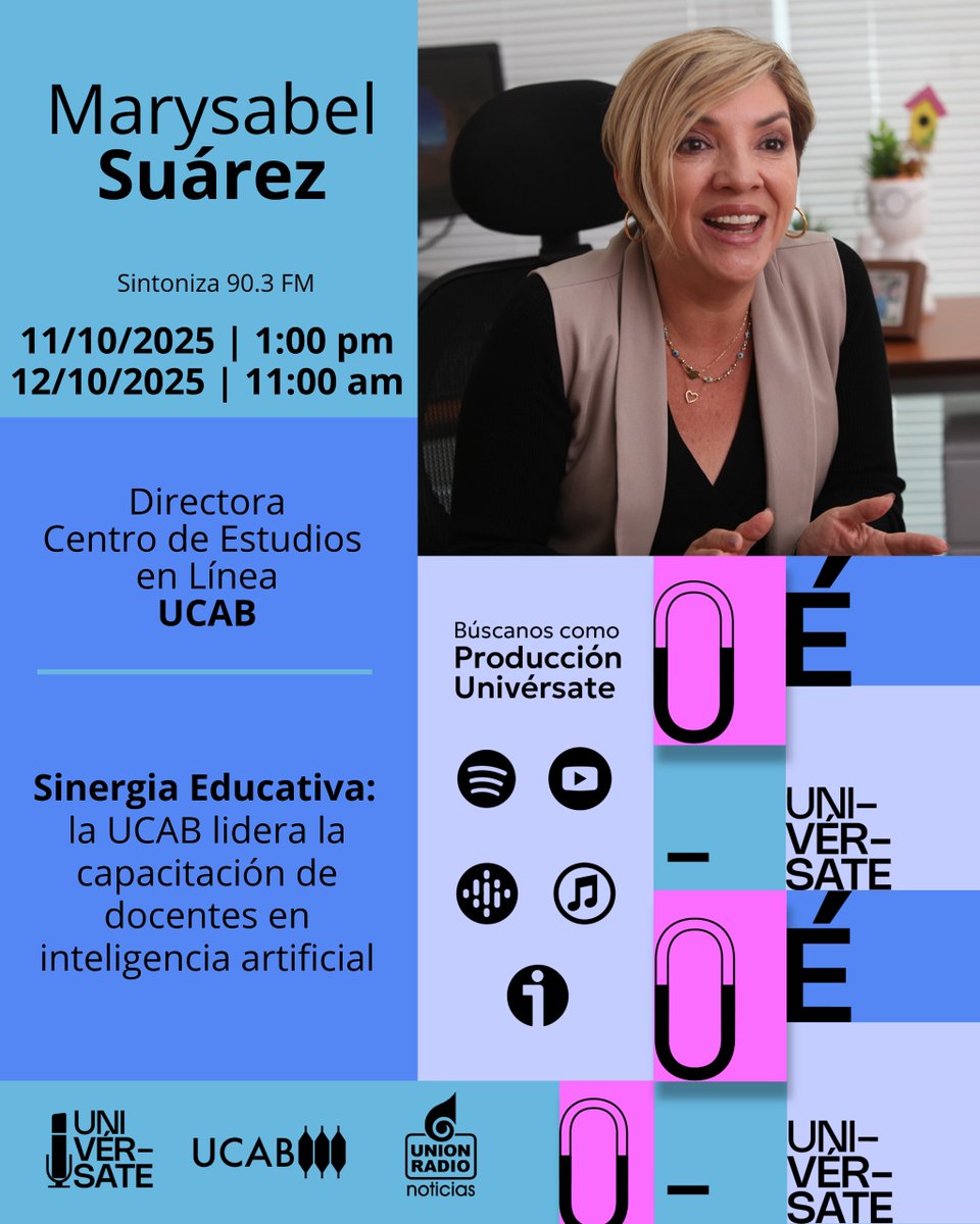 La UCAB y 4 organizaciones aliadas lanzan el convenio Sinergia Educativa, que dará vida a un diplomado en IA para docentes. Al respecto conversaremos HOY, a la 1 pm, con Marysabel Suárez, directora de <a href="/ucabvirtual/">UCAB Virtual</a>.

 Escúchanos por: 
📻 90.3 FM (CCS) 
💻 mundour.com/live-urn
