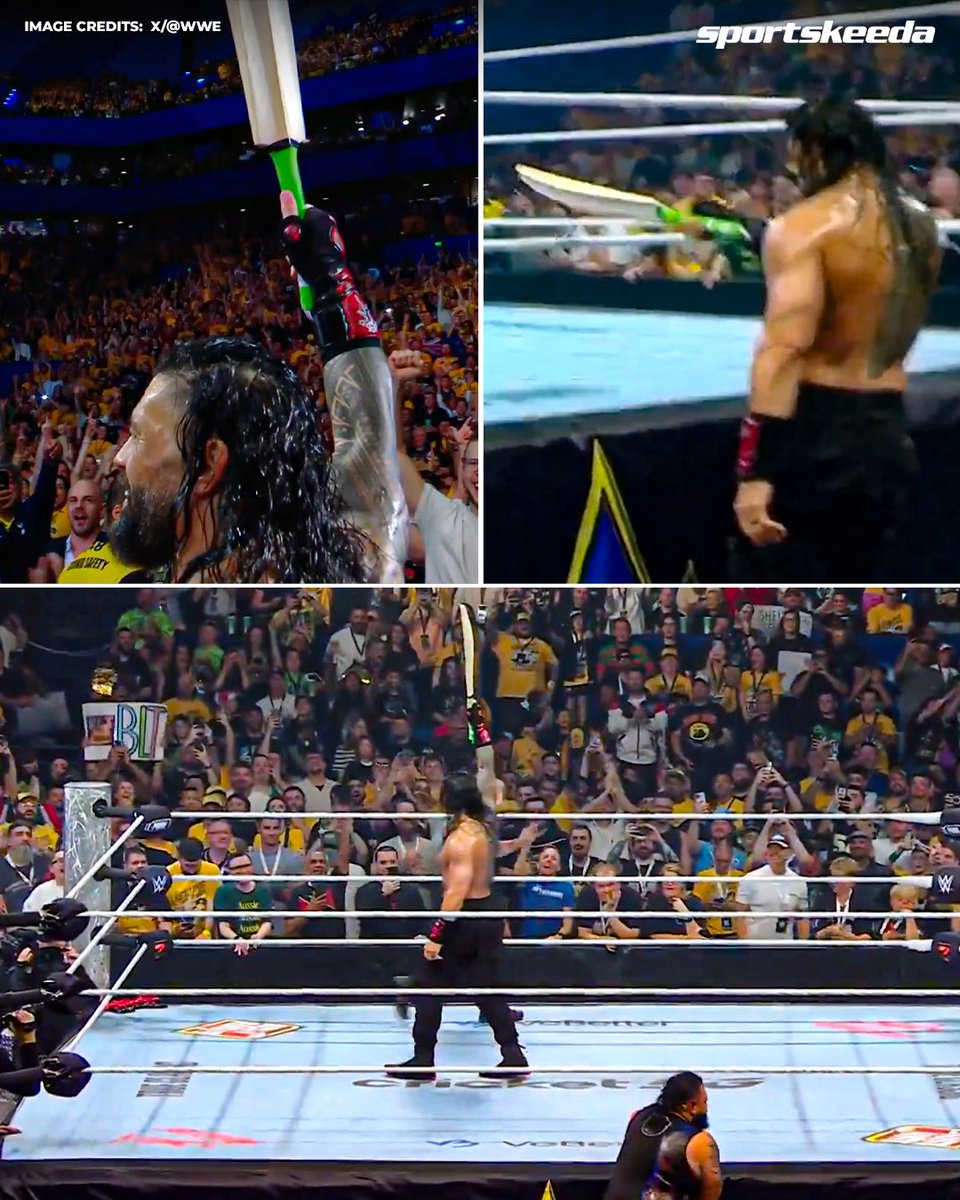 Sportskeeda's tweet image. A cricket bat in Roman Reigns&apos; hands, with references to Steve Smith, Ricky Ponting, and the Ashes at #WWECrownJewel in Perth. 🏏🔥

#Ashes #RomanReigns #WWE #Sportskeeda