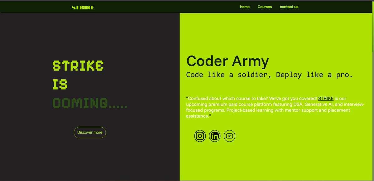 bakshi_baneet's tweet image. 🚀 Just launched Strike Clone – a platform to master DSA &amp;amp; Generative AI!  🧑🏼‍💻Build projects, solve real problems, and level up your coding skills. Check it out here: [guileless-longma-26f6fe.netlify.app] #STRIKEClone #HTMLCSSOnly #WebClone #CSSChallenge 
@rohit_negi9
@CoderArmy

📸