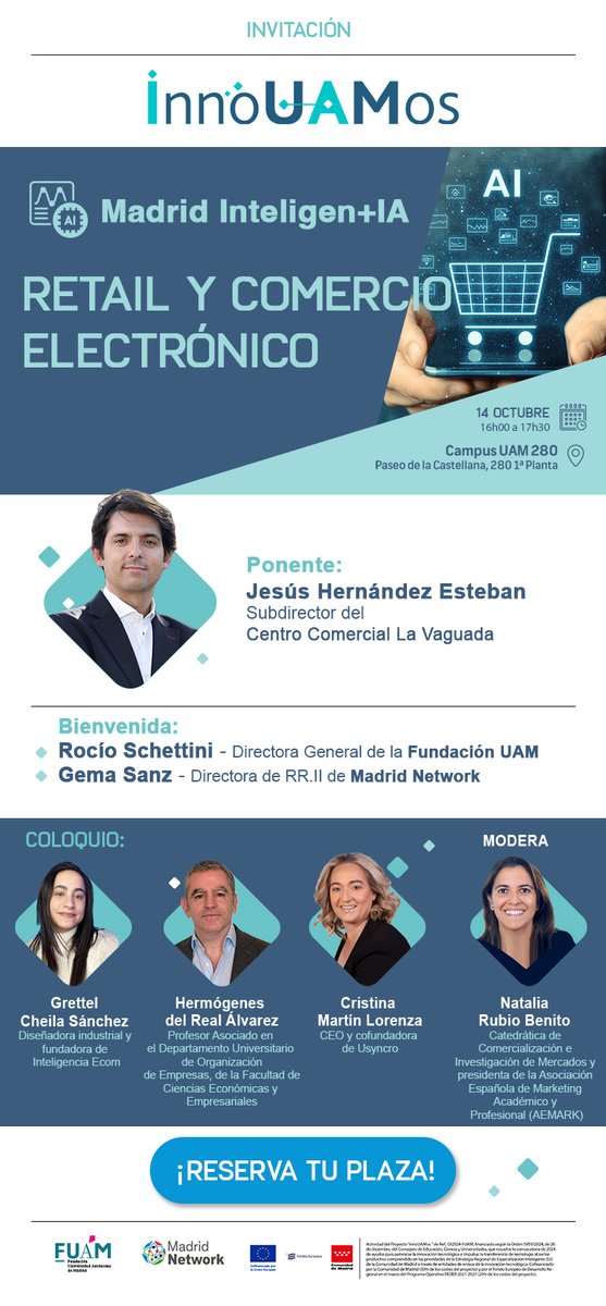📣 El 14 de octubre participaré en la apertura de la V sesión de #InnoUAMos, organizada por <a href="/MadridNetwork/">Madrid Network</a> , <a href="/fuam_uam/">FundaciónUAM</a>  Exploraremos cómo la #IA transforma el #retail y el #ecommerce 
🛒 Personalización📦 Logística inteligente
🤖 Ética y datos....🕓 16:00h