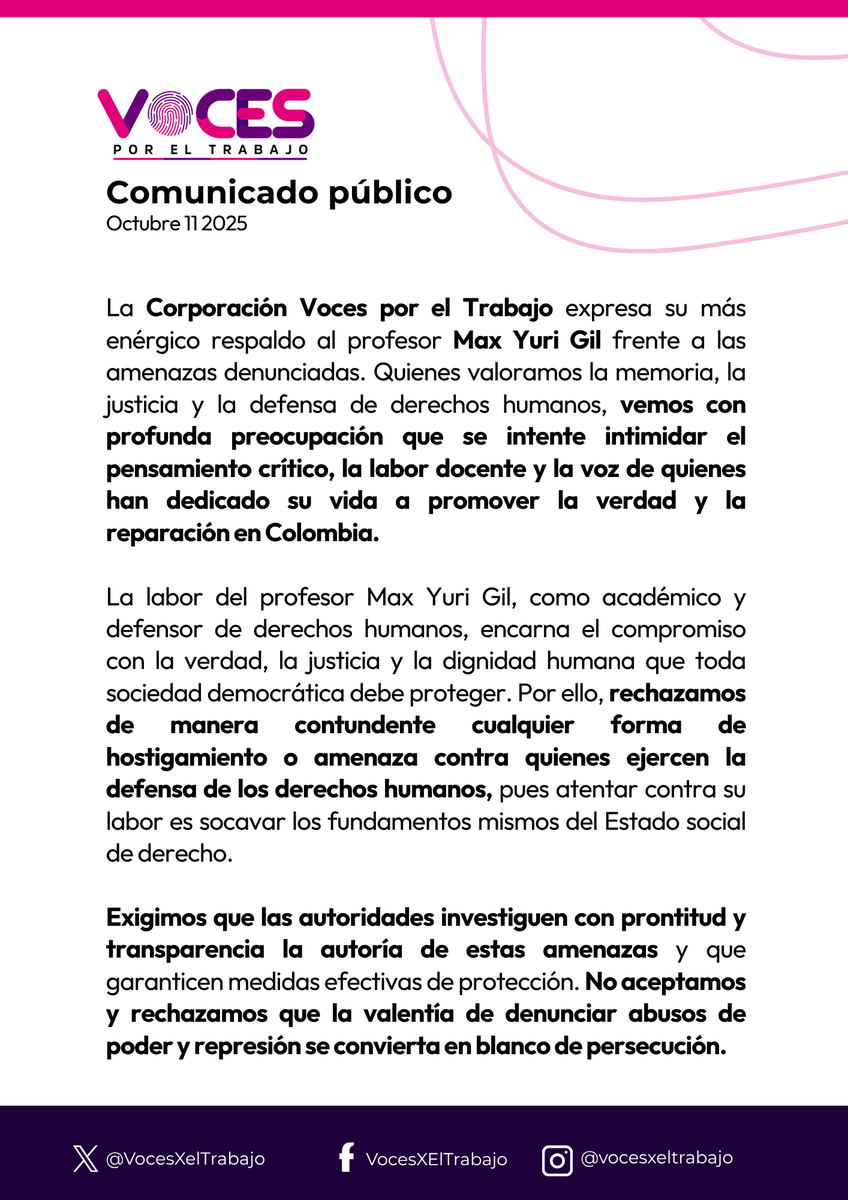 🗣️ Expresamos nuestro más enérgico respaldo al profesor Max Yuri Gil <a href="/maxgilr/">Max Yuri Gil Ramírez</a> defensor de los #DerechosHumanos, la #Memoria y la #Verdad.

Rechazamos toda forma de amenaza o intimidación contra quienes promueven el pensamiento crítico y la justicia en Colombia.