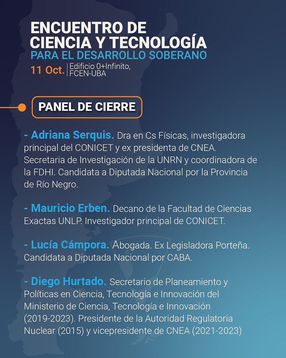 A las 16:30hs, luego de las comisiones de debate y las charlas temáticas, será el cierre del Encuentro con este panel de referencias del sector y candidatos que competirán en las elecciones del 26 de octubre. 

Los esperamos 🙌