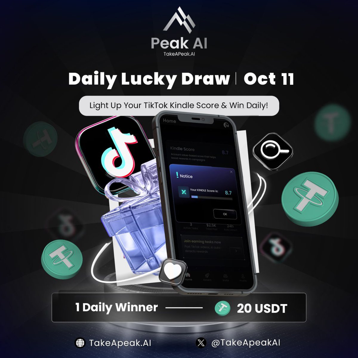 TakeAPeakAI's tweet image. 20 $USDT DAILY GIVEAWAY TO TAKEAPEAK.AI USER
Rules are simple:
1) Register with your TikTok account
2) Screenshot & Comment your Kindle Score + @BNBCHAIN wallet address
ENDS IN 24 HOURS