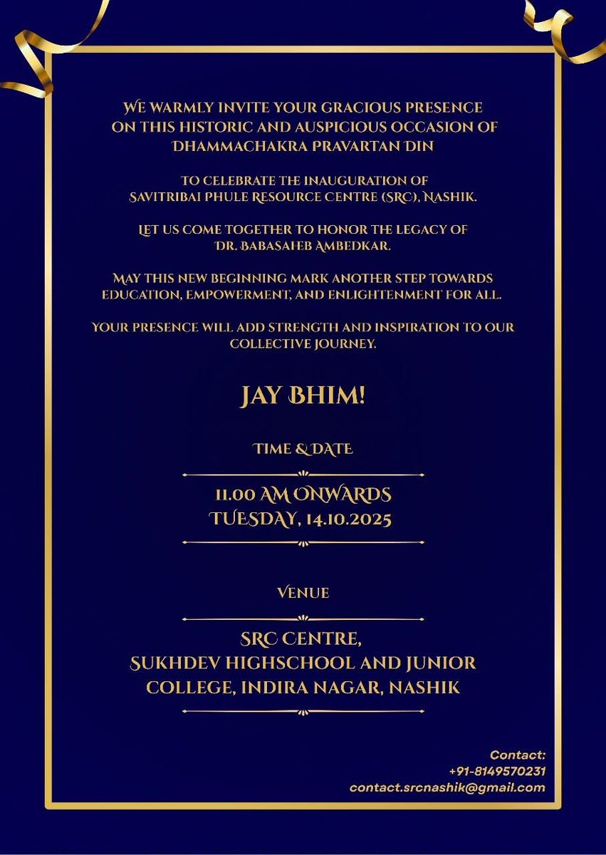 Jai Bhim🙏
Dear Friends,
We are delighted to invite you to the Inauguration Ceremony of Savitribai Phule Resource Centre, Nashik— a space dedicated to learning, empowerment, and social change. ✨

🗓️ Date: 14/10/2025
🕒 Time: 11 AM
📍 Venue: Sukhdeo Highschool and Junior College,
