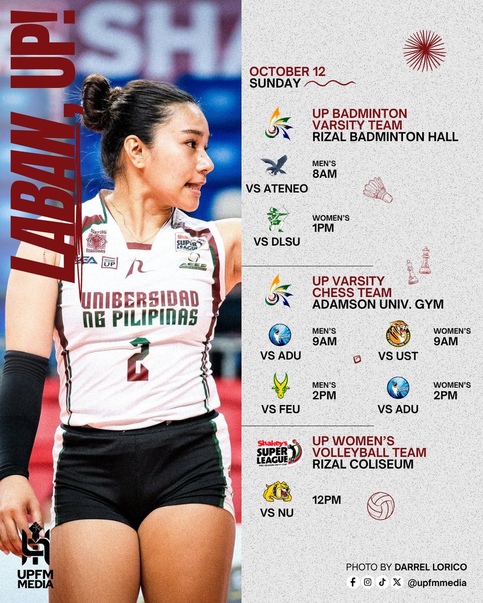 upfmmedia's tweet photo. GAMEDAY 🏸♟️🏐🏀⚽

No plans yet? Check out the different game schedules for our Sports Sunday Special. 🍨 Go all out in supporting our student-athletes! 💚❤️

#UPFight✊🏼 #StrongerWithAllSports💪🏼 #MaroonSmashers #UPVarsityChessTeam #UPWVT #UPMVT #UPMBT #UPWBT #UPMFT https://t.co/8BPMAfdsFx