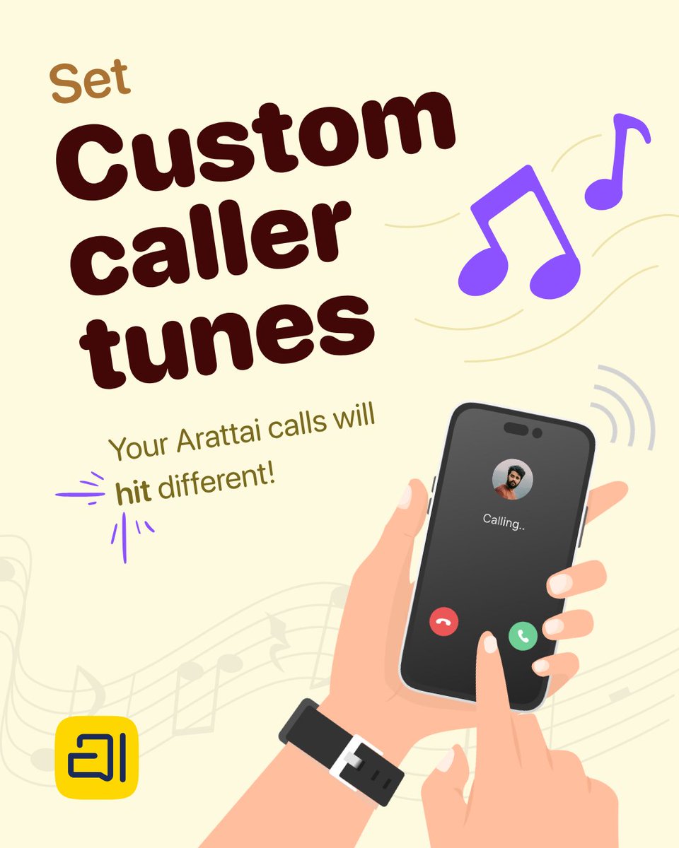 cell222right's tweet image. Now you can set your Caller Tune on Arattai!🎵🎶
Upload your favourite track and flex your vibe every time someone calls you!
(Settings → Calls & meetings → Caller tune)
#CustomCallerTunes #StayConnected #Arattai
