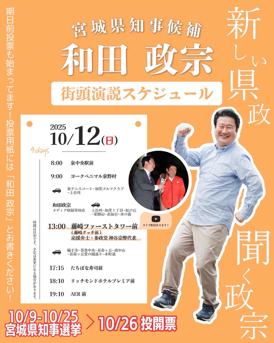 wadamasamune's tweet image. 宮城県知事選4日目。

12（日）の行程です。

3日日は、雨の中でも多くの方にお声掛け頂きました！

新しい政治、新しい県政へ。

13時より藤崎ファーストタワー前で、参政党・神谷宗幣代表が応援演説に！

ご投票を何卒お願いします！

#和田政宗 #宮城県知事選 #ターニングポイント宮城 #参政党