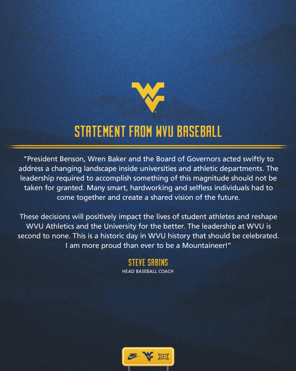 WVUBaseball's tweet image. Statement from @stevesabins regarding this week&apos;s announcement of additional athletic scholarships at WVU ⤵️