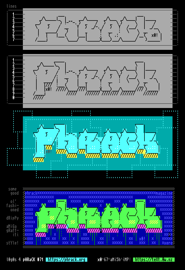 xerostyle's tweet image. new amiga graff logos for @phrack #ansi #ascii #textmode #textart #scene #phrack