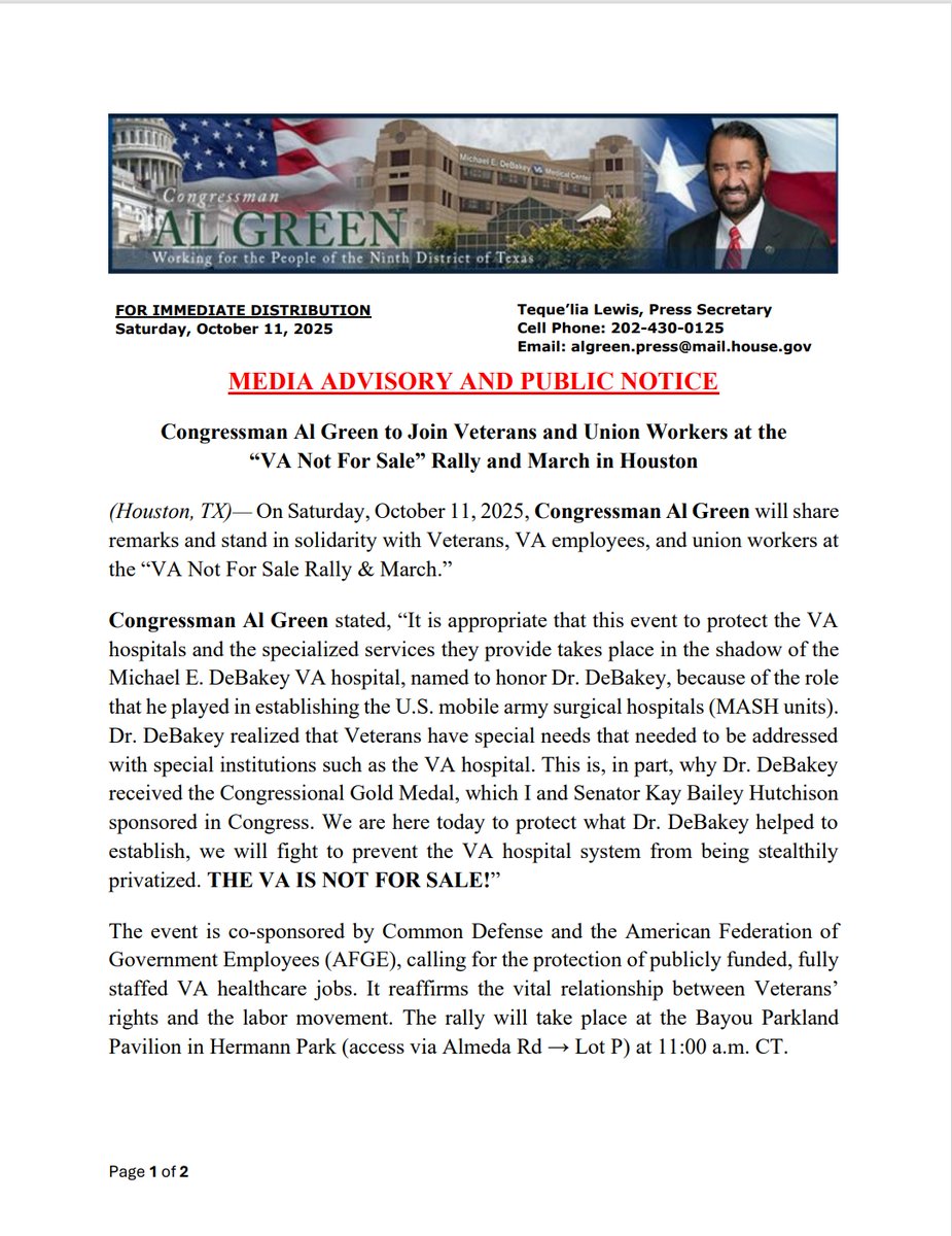 RepAlGreen's tweet image. Congressman Al Green to Join Veterans and Union Workers at the “VA Not For Sale” Rally and March in Houston. Click here to watch the Facebook Live Stream of the event at 11:00 AM CT: facebook.com/repalgreen/