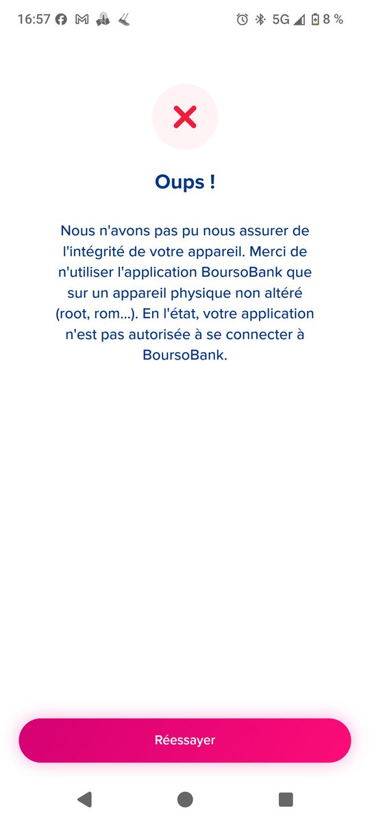 Bonjour <a href="/Boursorama/">Boursorama</a> ,
C'est quoi cette mise à jour ?
2 ans que j'utilise Lineage OS (aujourd'hui en 22.2) sur mon Xiaomi Mi 10 T Lite 5G (Gauguin) sans soucis et avec votre dernière mise à jour de votre apk, plus possible de me connecter... C'est une blague ?!?!?