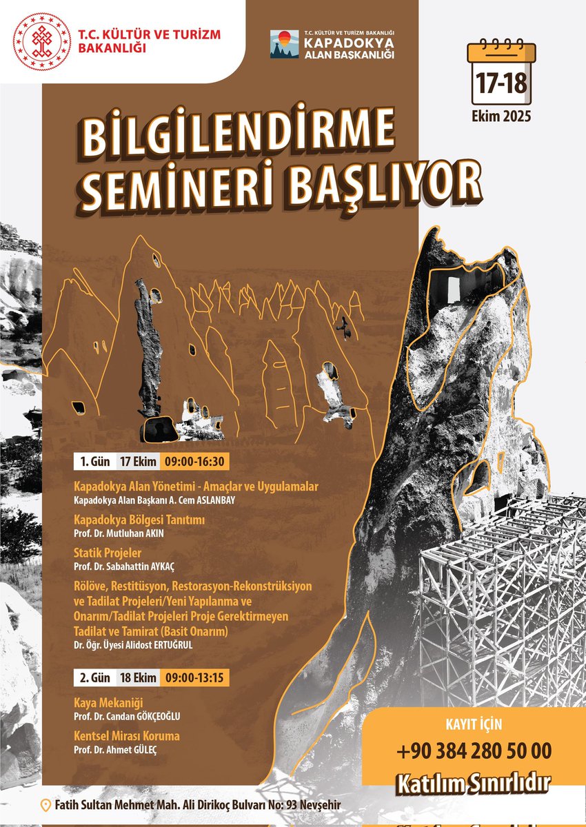 *KAPADOKYA ALAN BAŞKANLIĞI BİLGİLENDİRME SEMİNERİ BAŞLIYOR!*

Kapadokya Alan Başkanlığı olarak, Kapadokya’nın korunması, sürdürülebilir yönetimi ve gelecek kuşaklara aktarılması amacıyla düzenlediğimiz “Bilgilendirme Semineri”, alanında uzman akademisyen ve uygulayıcıların