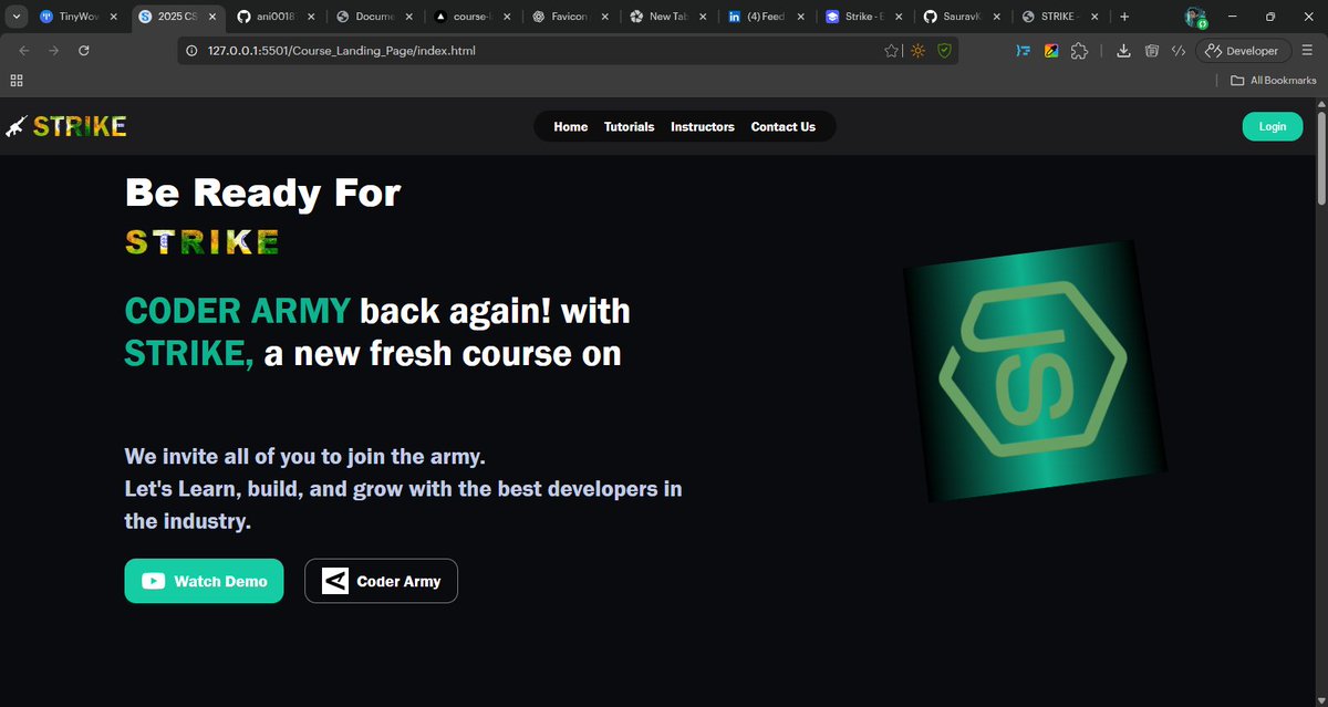 s7932182's tweet image. Just completed the HTML &amp;amp; CSS Hackathon by @rohit_negi9 , founder of Coder Army! 💻
Live on:  course-landing-page-nu.vercel.app
 
 Features:
✅ Scroll animations
✅ Interactive cards
✅ Responsive design
Big thanks to @rohit_negi9   bhaiya! 🙌
#Strike #CSSHackathon2025 #CoderArmy