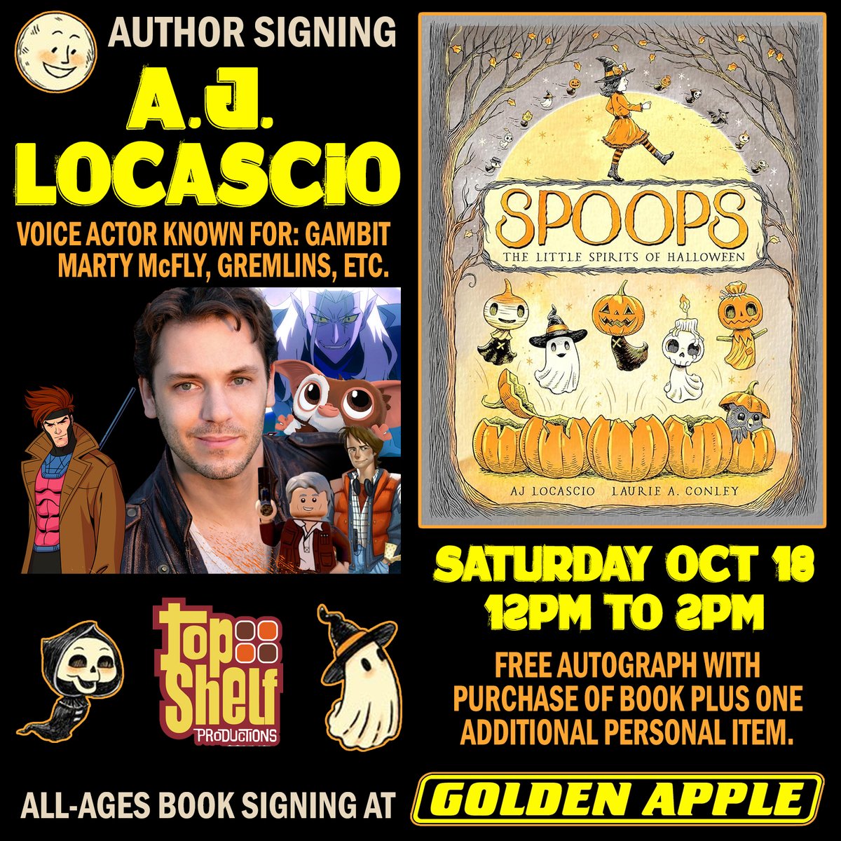 topshelfcomix's tweet image. It's #spookyseason, so the #Spoops are free!

Join @AJLoCascio for a signing of Spoops: The Little Spirits of Halloween, the new classic tale for the whole family. 

At Golden Apple Comics, Oct. 18th from 12pm - 2pm.

#ChildrensBook #PictureBook #SpoopsTheLittleSpiritsofHalloween