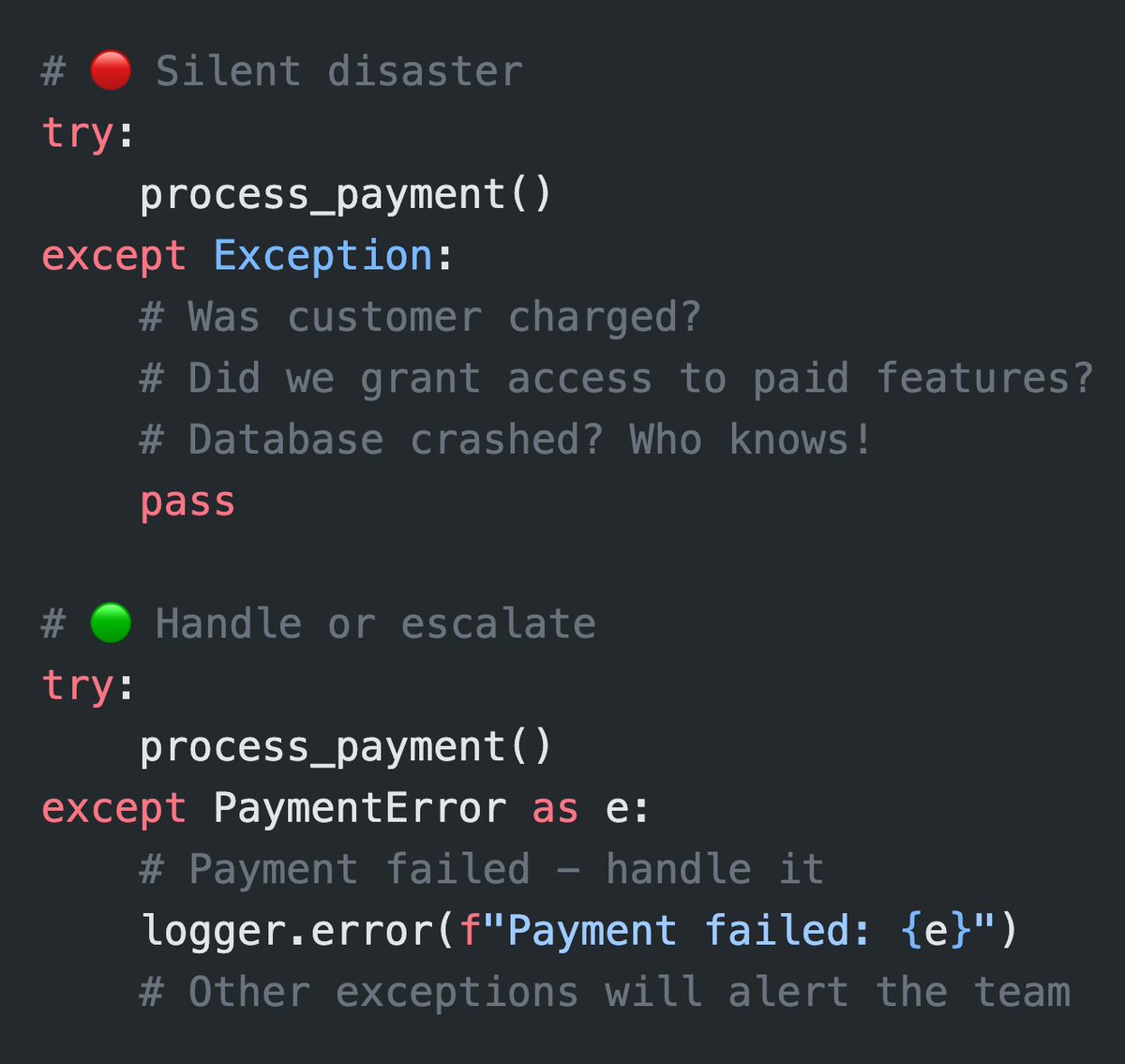 kotov_dev's tweet image. Catching all exceptions is like taking painkillers without seeing a doctor. The pain vanishes, but you ignore your body's warnings.
› Pain signals something is wrong (e.g., sitting on a hot stove).
› Exceptions indicate broken code.
Silencing them hides issues until…