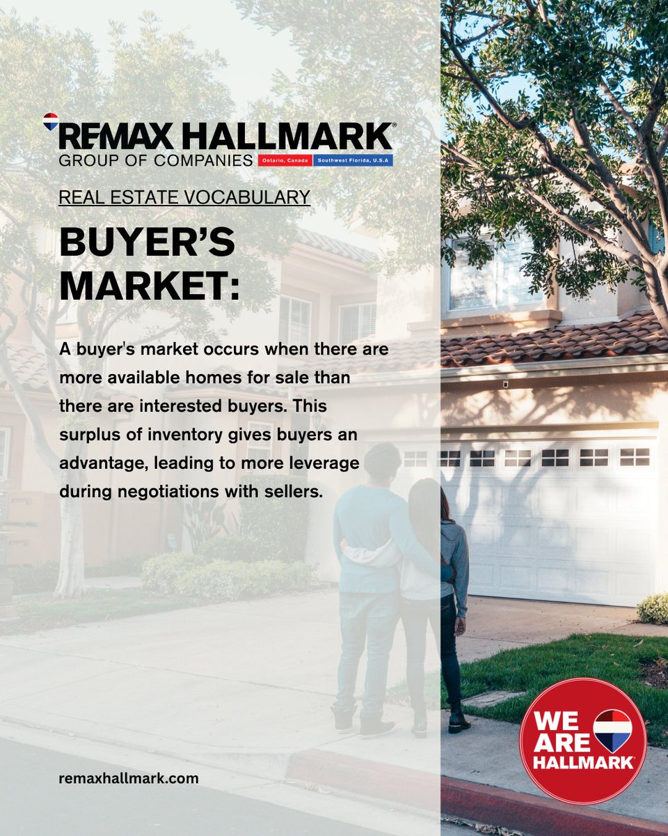 This week's Real Estate Term is Buyer's Market.
A buyer's market occurs when there are more available homes for sale than there are interested buyers. This surplus of inventory gives buyers an advantage, leading to more leverage during negotiations with sellers.