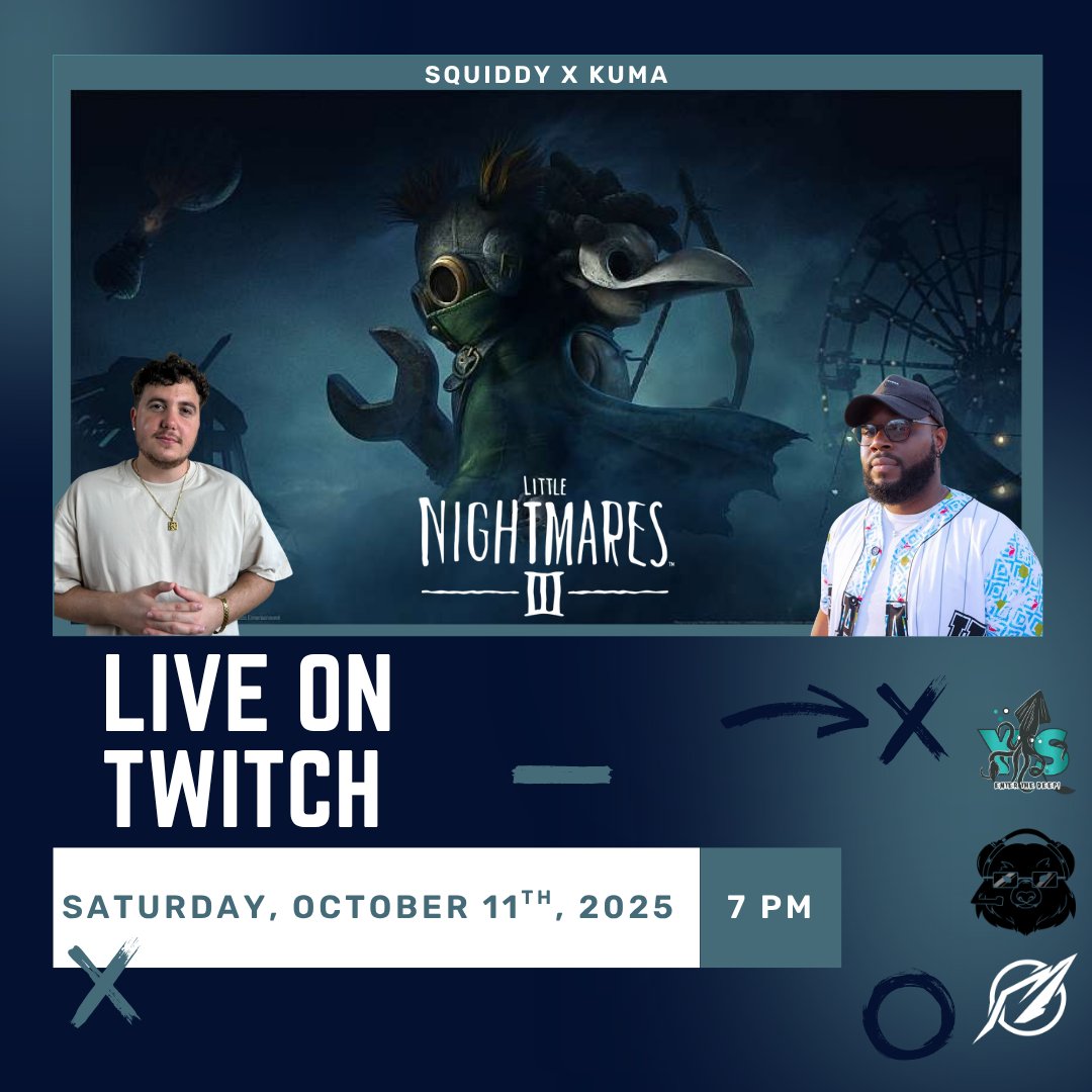 YahSquiddy's tweet image. Me and @0kuma_08 gonna be bringing the spooky vibes with Little Nightmares 3! Yall want wanna miss this! #spookymonth #twitch #twitchstreamer #twitchaffiliate #LittleNightmares #LittleNightmares3 
twitch.tv/yahsquiddy
twitch.tv/kuma_08