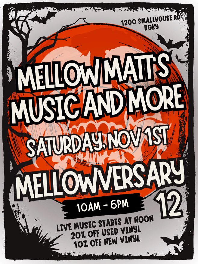 MellowMatts's tweet image. Come celebrate 12 years with us on Saturday, Nov 1 from 10-6! Live music, big sale, giveaways and a special Mellowversary shirt! It’s gonna be a rocking good time! Mellowversary 12!
#mellowversary
#recordstores
#indierecordstore 
#bowlinggreenky 
#musiccommunity
#vinylcommunity