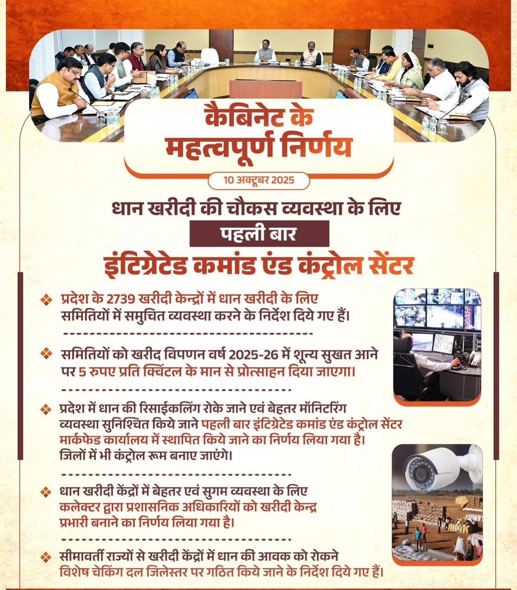 कैबिनेट के महत्वपूर्ण निर्णय 🌾

धान खरीदी की पारदर्शी और सुचारू व्यवस्था के लिए पहली बार “इंटीग्रेटेड कमांड एंड कंट्रोल सेंटर” की स्थापना का निर्णय।

यह कदम किसानों की सुविधा, निगरानी और सुचारू संचालन की दिशा में एक बड़ा परिवर्तन साबित होगा।

#CabinetDecisions