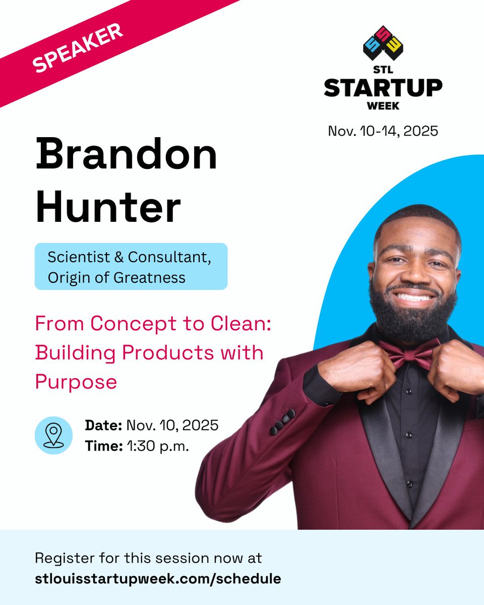 STLStartupWeek's tweet image. Join Brandon Hunter, scientist and founder of Origin of Greatness, for From Concept to Clean: Building Products with Purpose — a hands-on workshop that breaks down the science and strategy behind creating compliant, purposeful products.

👉 stlouisstartupweek.com/schedule