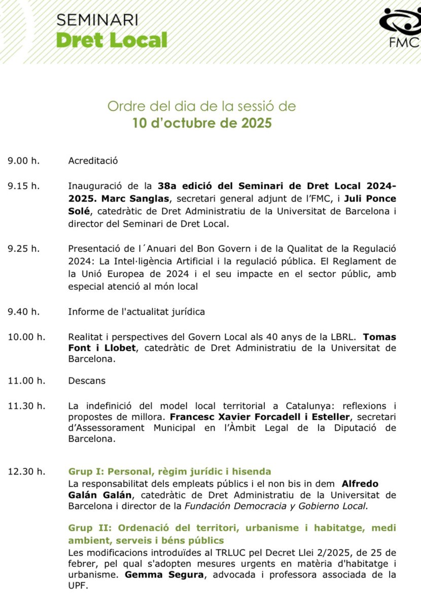 Ahir vaig tenir la gran satisfacció de poder pronunciar una conferència a la sessió primera del ja 38è. Seminari de la Federació de Municipis de Catalunya. Tot un privilegi que voldria agrair també al Director del Seminari el Dr. Juli Ponce, catedràtic de dret de la <a href="/UniBarcelona/">Universitat de Barcelona</a>
