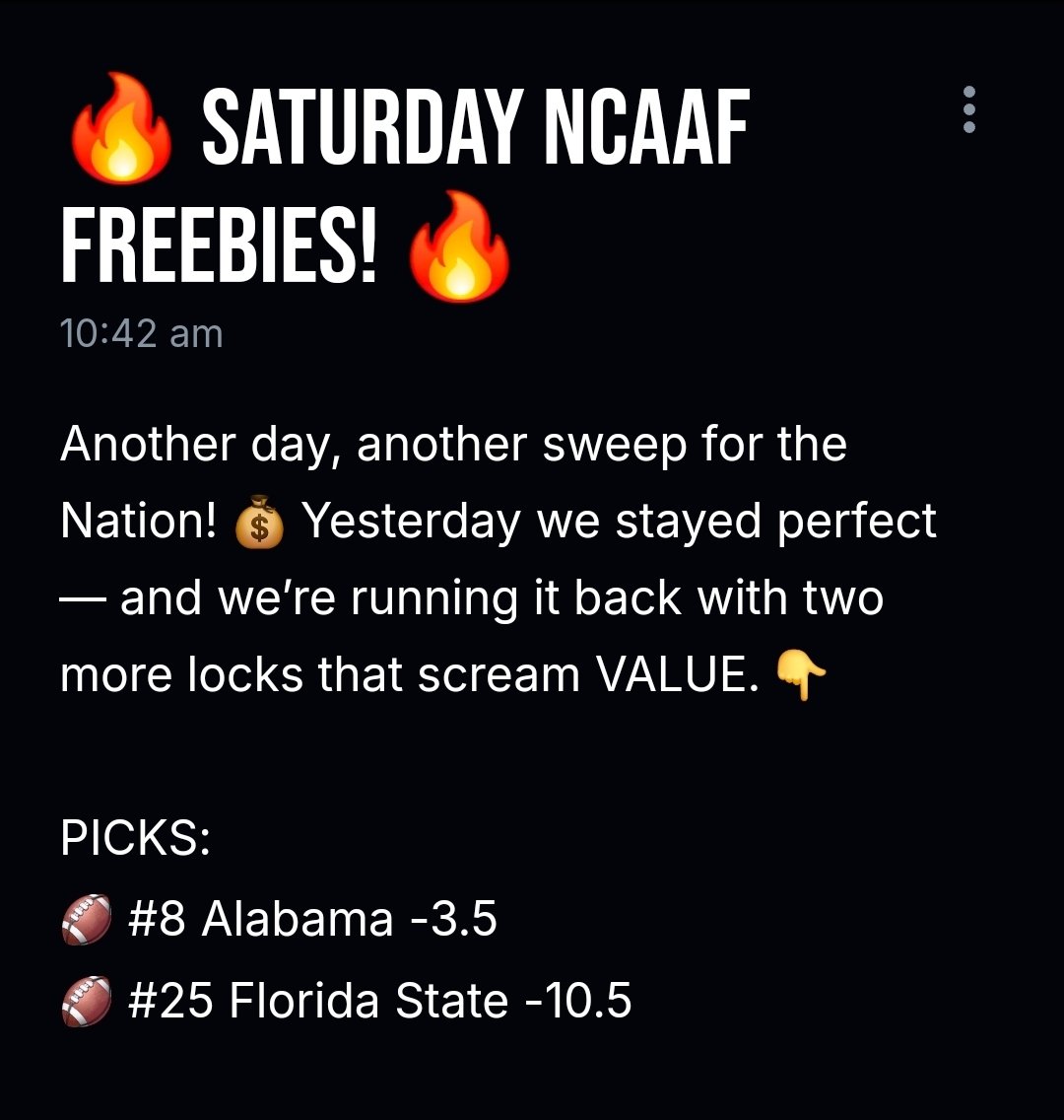 FreePicksNation's tweet image. Another 🔥 SWEEP 🔥 yesterday!
Today we’re rolling with:
🏈 Alabama -3.5
🏈 Florida State -10.5

Locked. Loaded. Ready to cash. 💰
Join VIP VAULT for more premium picks 👇
winible.com/freepicksnation

@Winiblebets
#SportsBets #CollegeFootball #GamblingTwitter #BettingTips #Winible