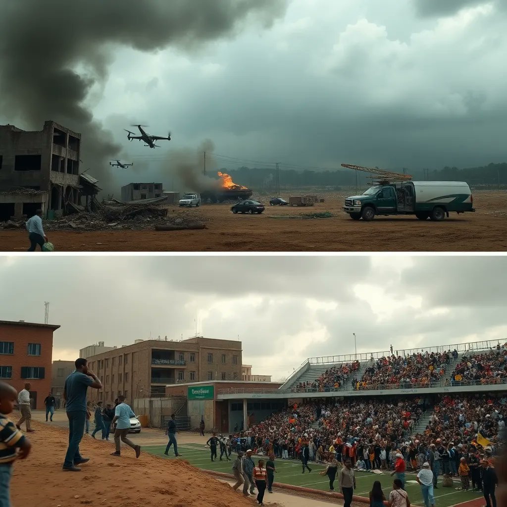 manndeee's tweet image. A drone strike in a besieged Sudan city kills at least 60 people, escalating conflict. Meanwhile, a mass shooting at a Mississippi football game leaves four dead. #SudanConflict #MassShooting #GlobalNews