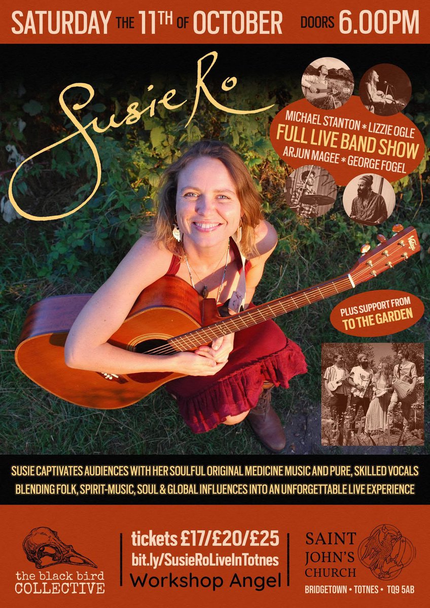 **TONIGHT**

Limited Tickets left to see this truly breathtaking concert with Susie Ro &amp; her band live plus support from To The Garden 

Doors 6pm . Starts 7pm

@ St. John’s Church, Bridgetown, Totnes

Tickets > bit.ly/SusieRoLiveInT…

We have some tickets available on the door